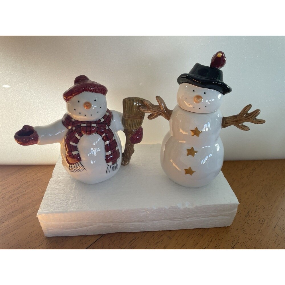 Vintage Debbie Mumm Sakura Snowman Hand Painted Sugar & Creamer Set EUC